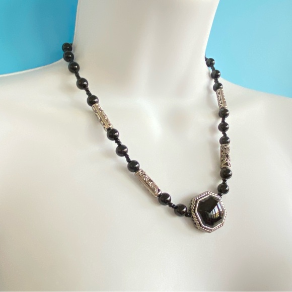 Black Onyx Statement Necklace With Beads Silver Tone Filagree Accents - Picture 8 of 11